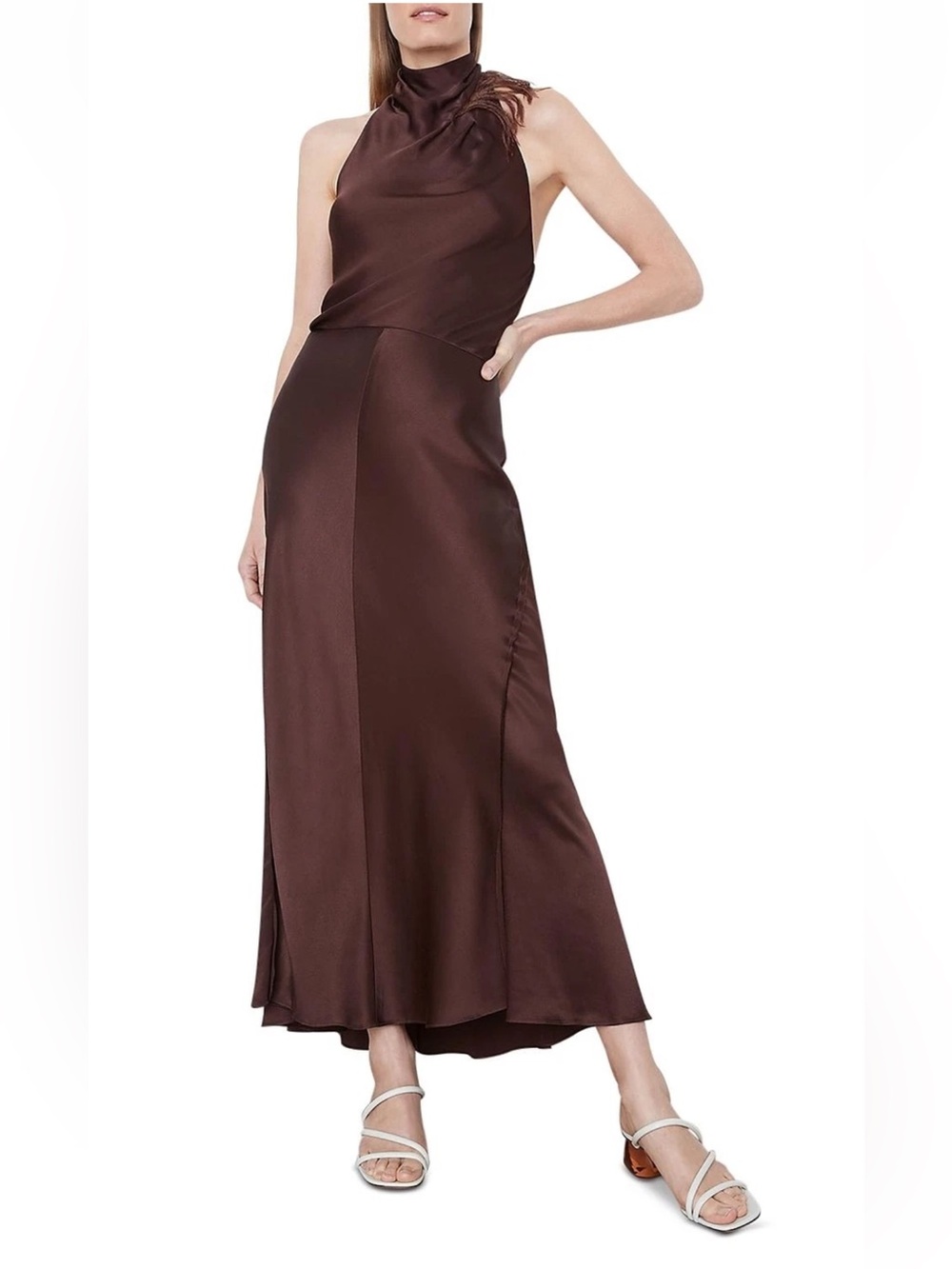 Vince Womens Feather Draped Maxi Summer Evening Dress Copper Brown Size 12 Satin